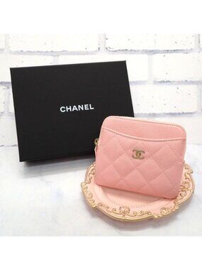 Chanel Classic Zip Coin Purse Mini Wallet Caviar Leather Pink Quilted CC Logo